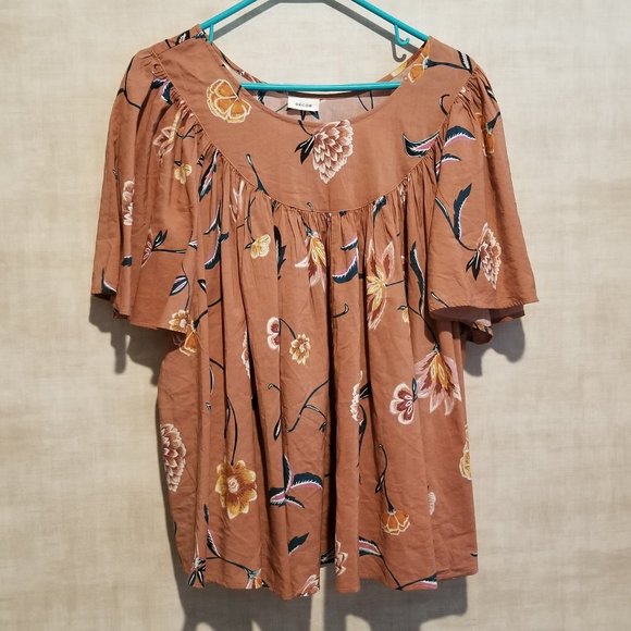 DECOR WOMEN'S SHORT SLEEVE BROWN FLORAL LOOSE FLOWING BLOUSE - Picture 1 of 6